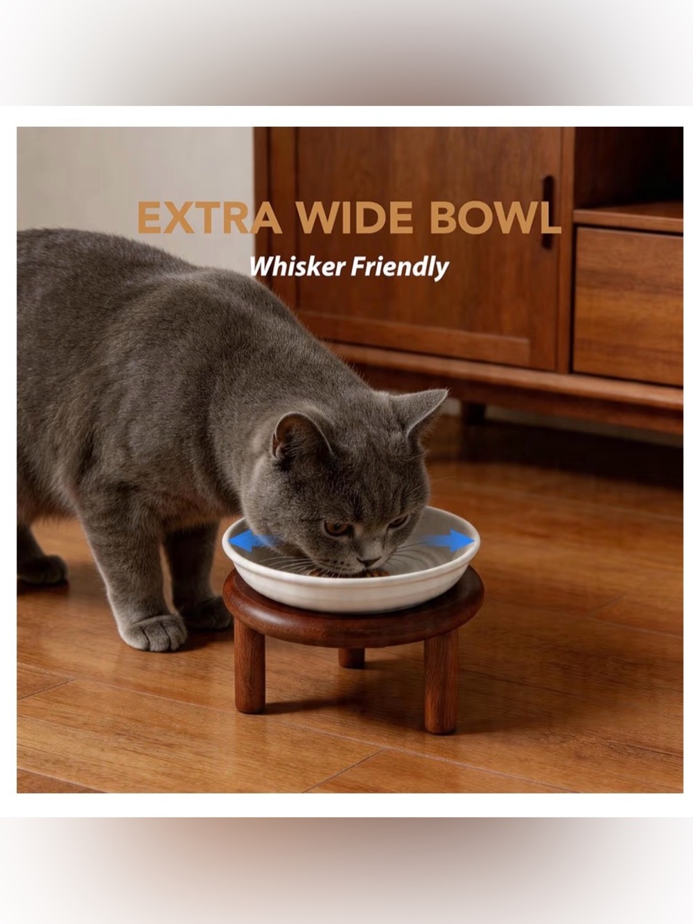 Set of two elevated bowls for cats on two adjustable heights on acacia platform - Picture 2 of 16